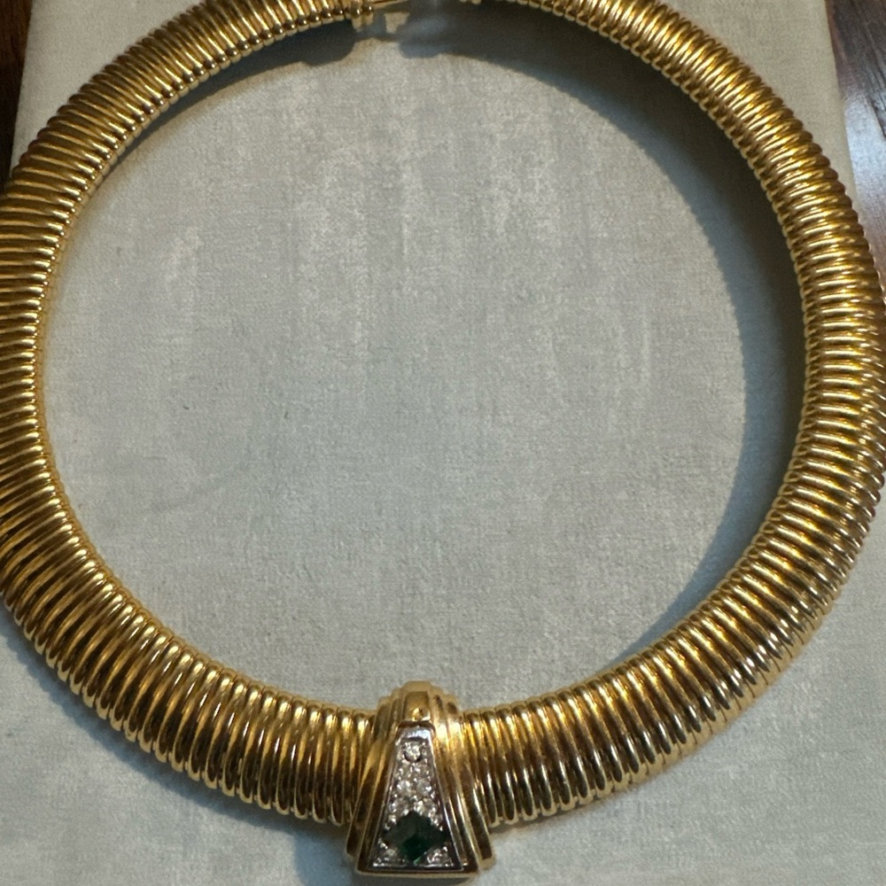 Vintage GIVENCHY Gold Tone Choker Necklace with Green and Clear Stones